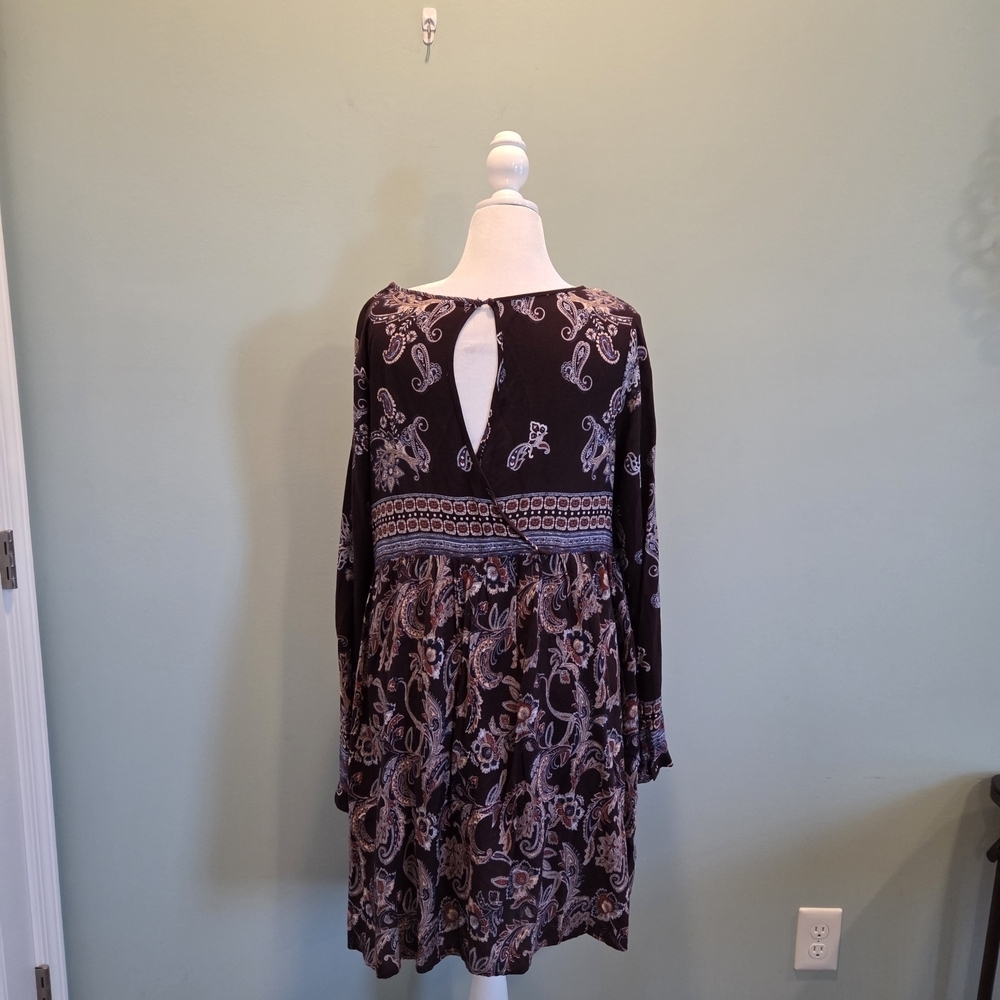 Knox Rose XL Boho Paisley Print Long Sleeve Shift Dress Brown Blue - Picture 5 of 14